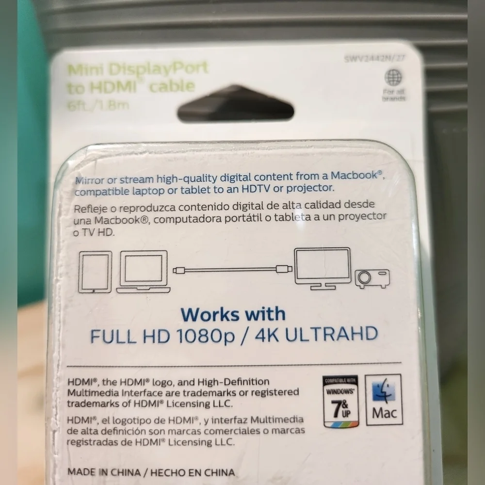 New Philips White HDMI Cable 6ft